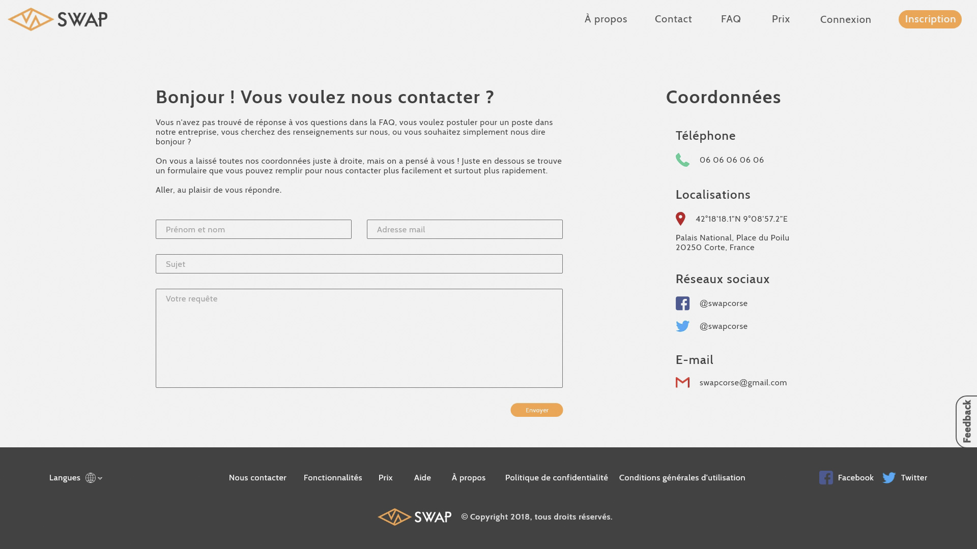 Prototype de la page contact du projet SWAP